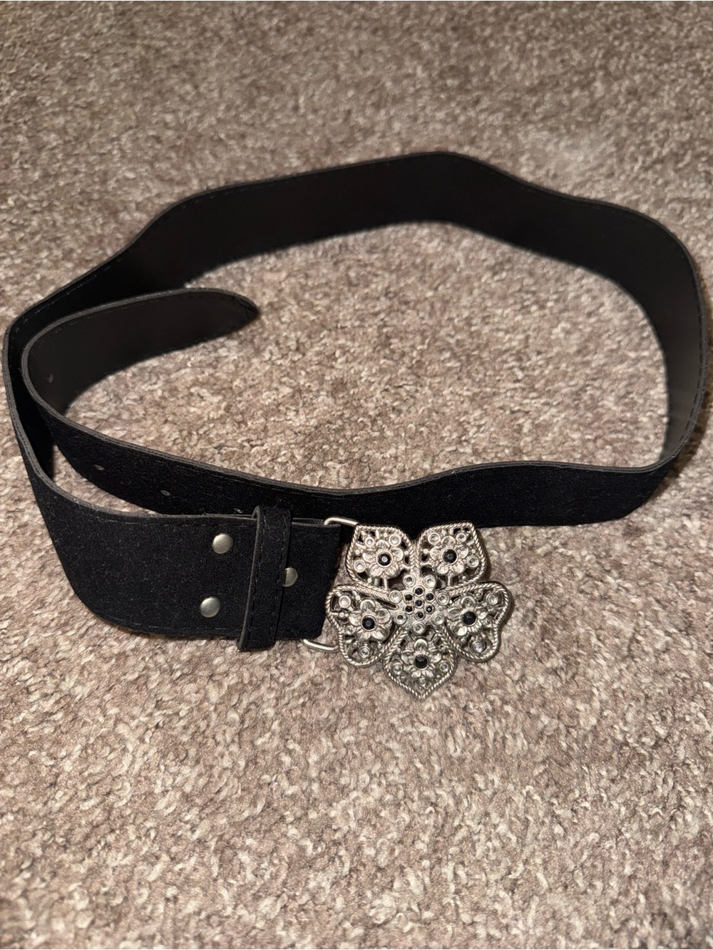 Girls Black Faux Suede Floral Buckle Waist Belt